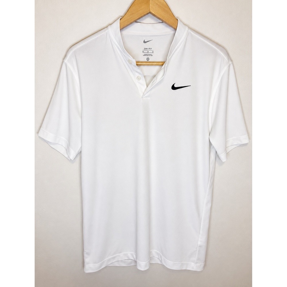 Nike Dri-FIT Mens Medium White Henley Shirt Short Sleeve Golf Tennis Swoosh